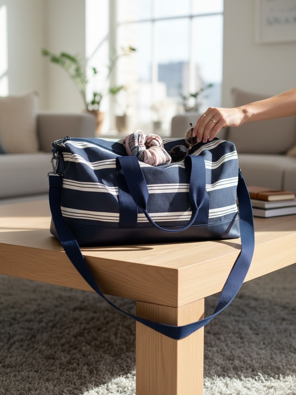 Lands End Canvas Weekender Duffle Travel Bag Navy Stripe